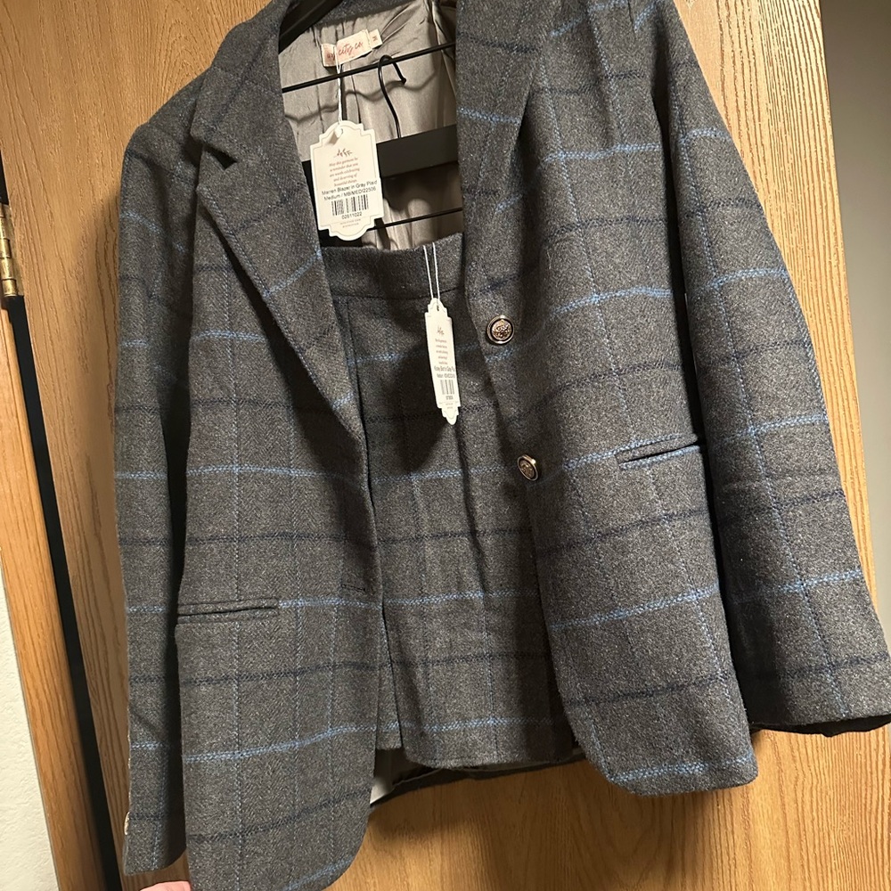 Ivy City Co Marren Blazer and Kinley Skirt Set in Gray Plaid